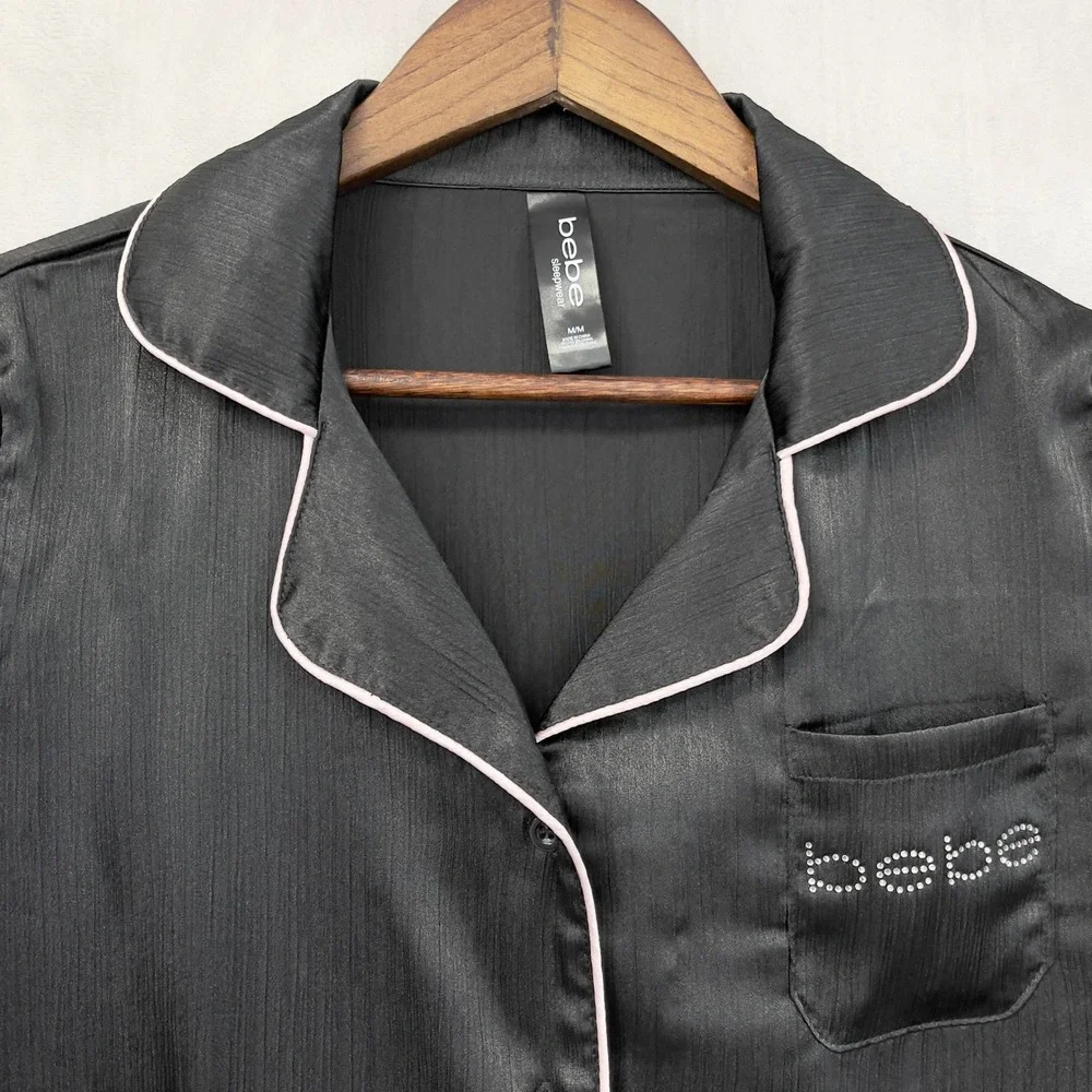 Bebe Sleepwear Pajama Top Womens Medium Satin Rhinestone Logo Glam Chic Lounge
